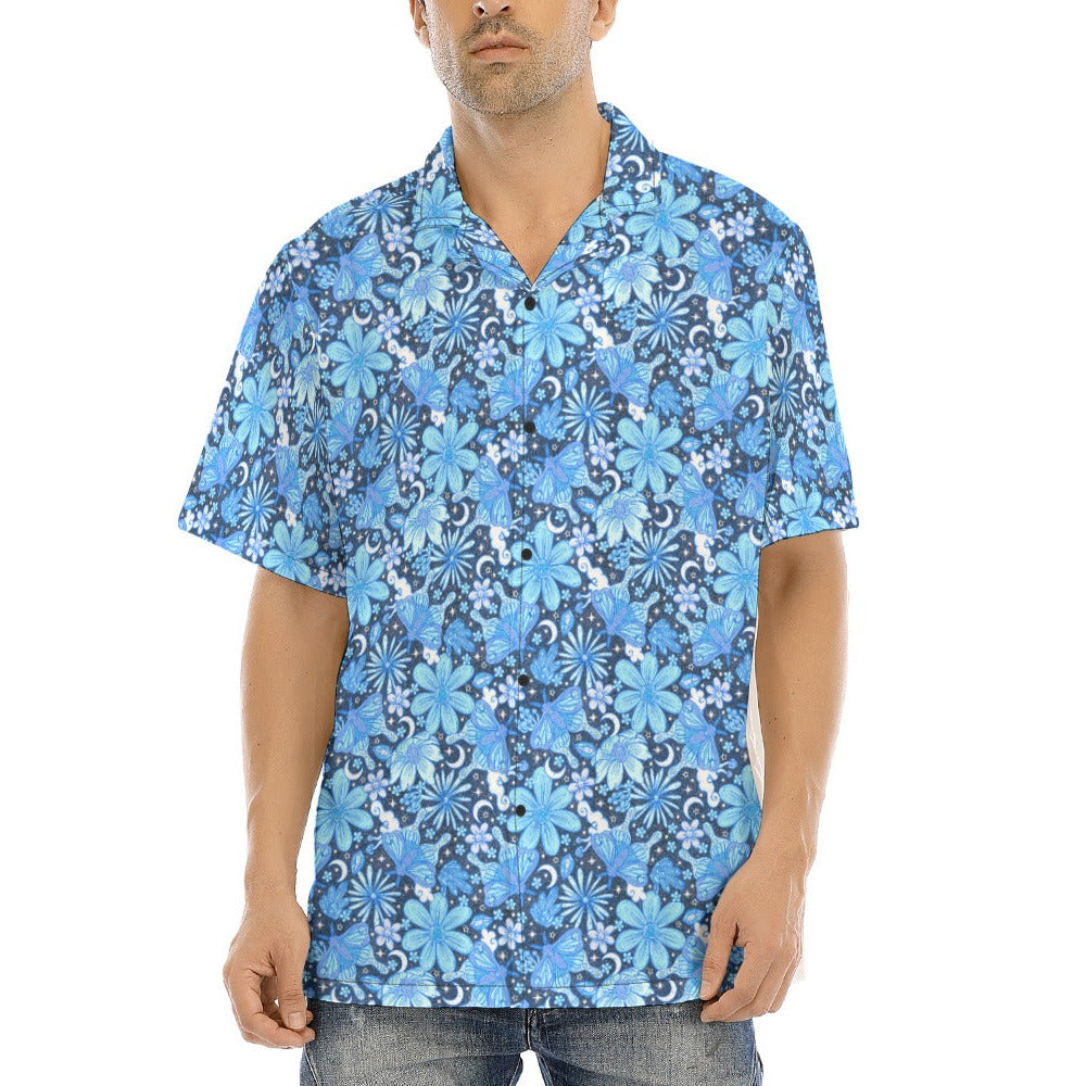 Blue Crystal Moths - Men's Hawaiian Button Up Shirt