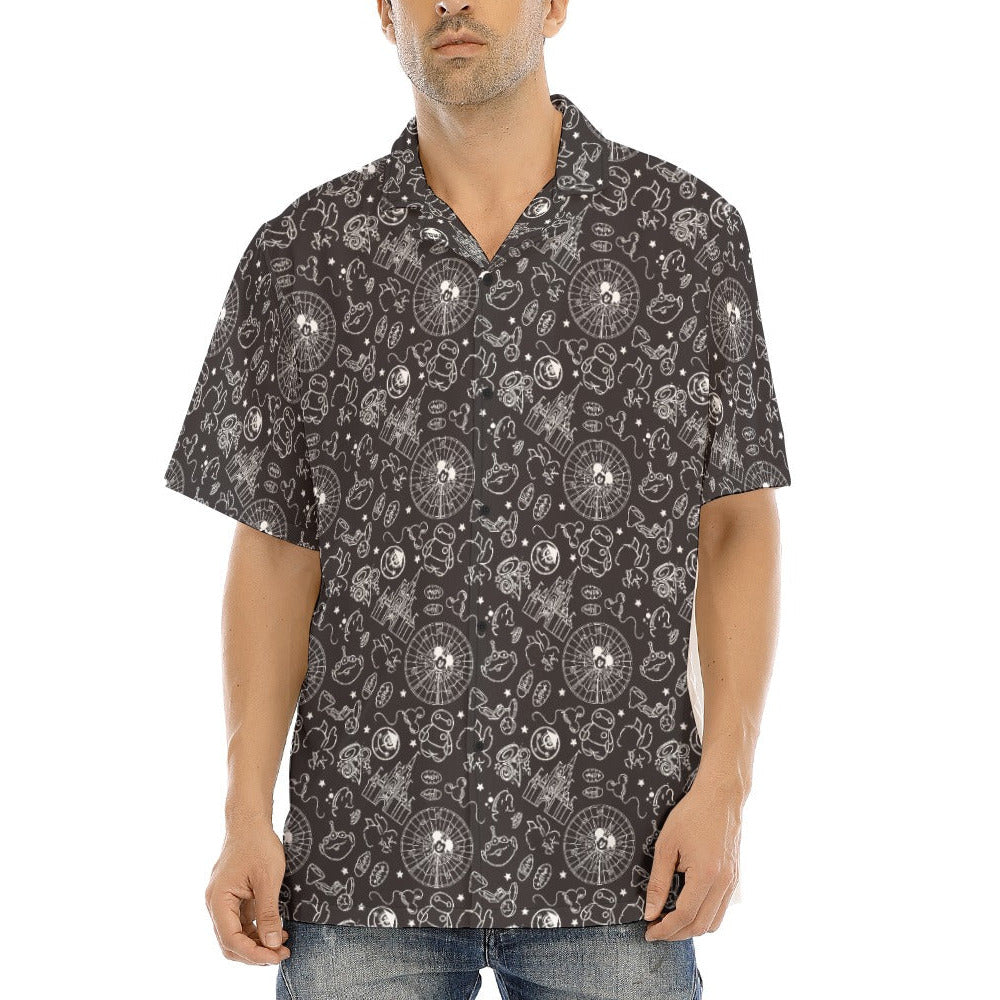 Monochrome Theme Park Icons - Men's Hawaiian Button Up Shirt