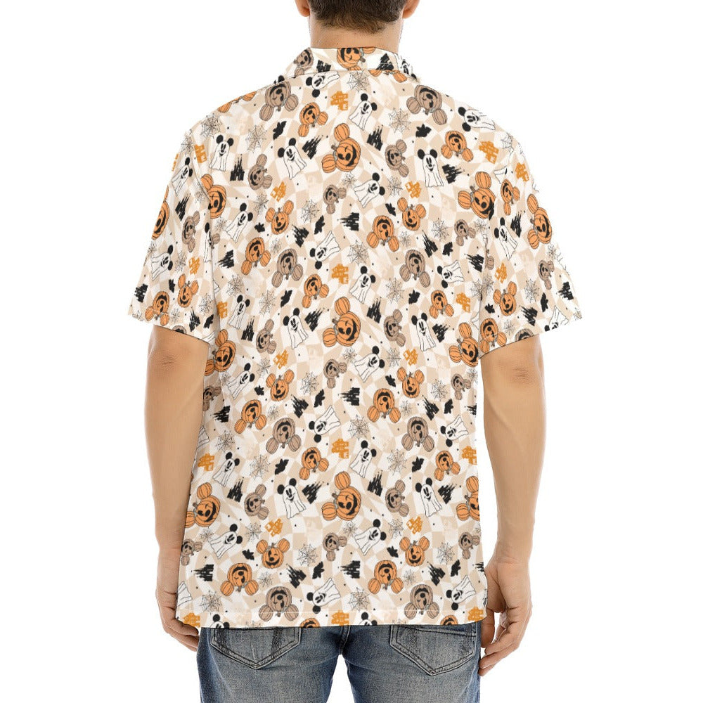 Checkered Halloween Ghosts & Pumpkins - Men's Hawaiian Button Up Shirt