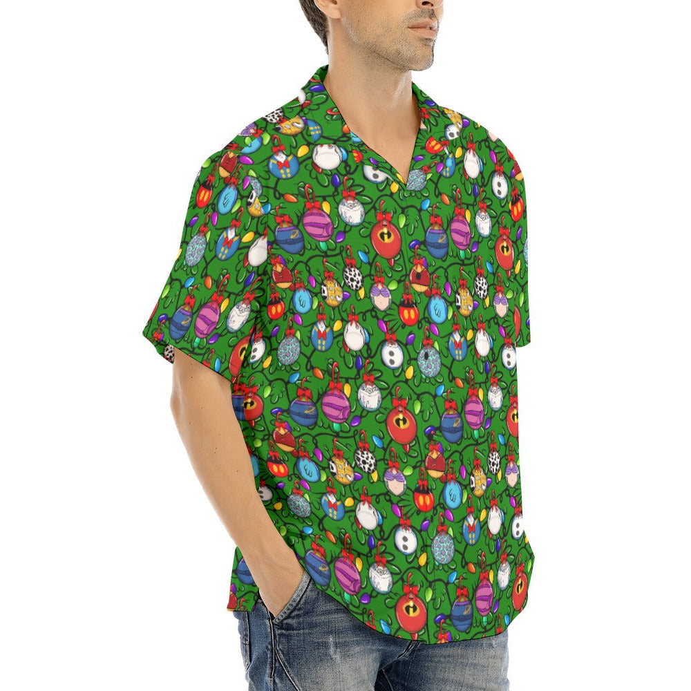 Festive Character Baubles on Green - Men's Hawaiian Button Up Shirt