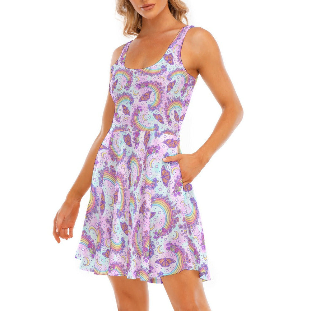 Monarch Butterflies &amp; Rainbows - Women's Sleeveless Pocket Skater Dress