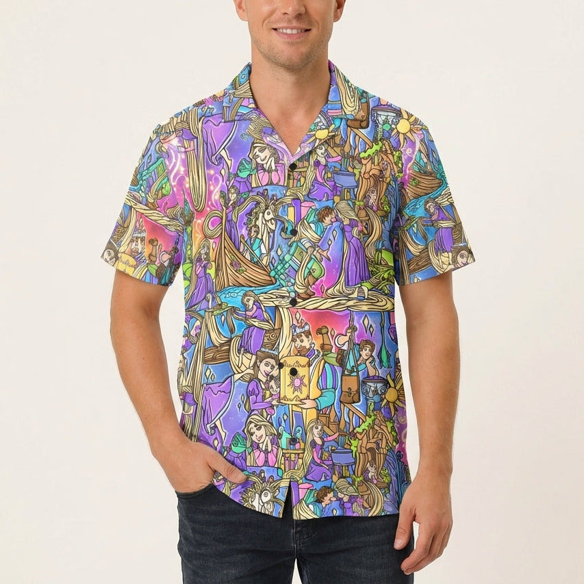 Golden Hair Storybook Scenes - Men's Hawaiian Button Up Shirt