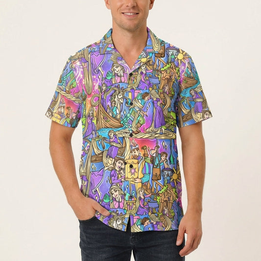 Golden Hair Storybook Scenes - Men's Hawaiian Button Up Shirt