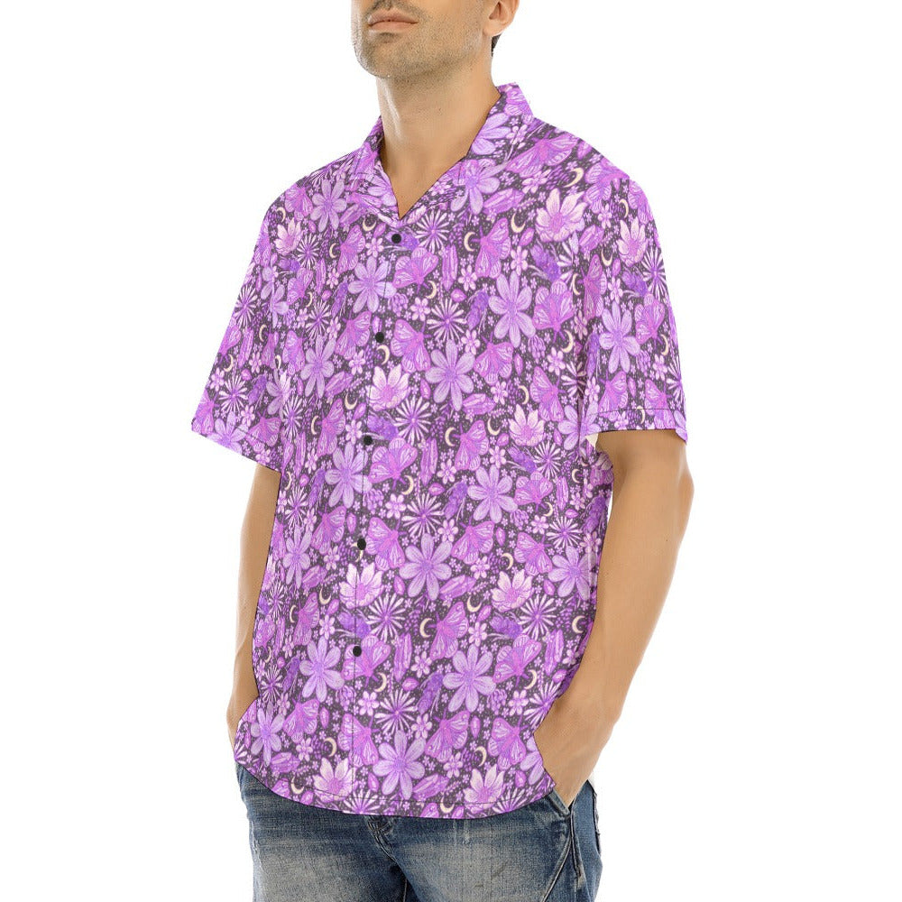 Purple Crystal Moths - Men's Hawaiian Button Up Shirt