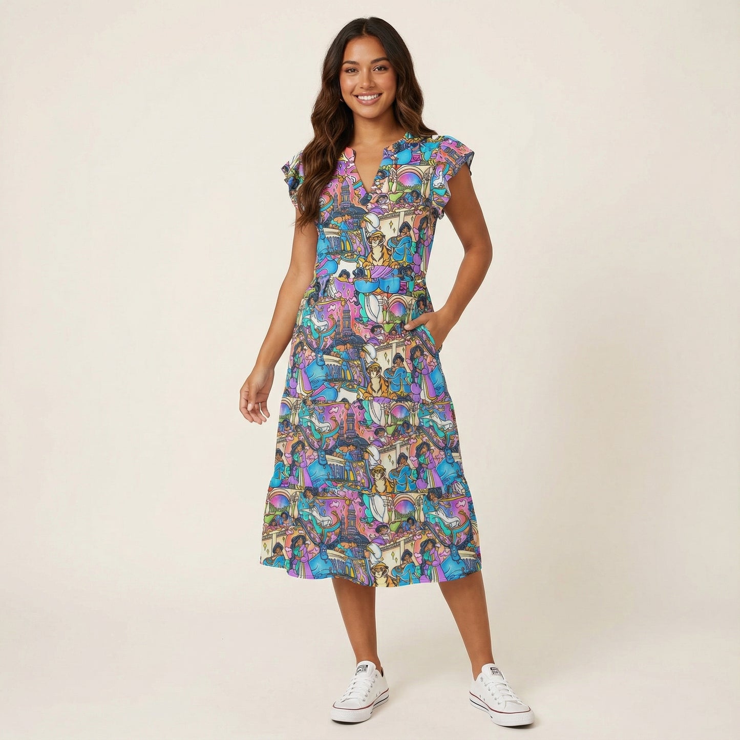 Magic Carpet Storybook Scenes - Women's Tiered Pocket Midi Dress