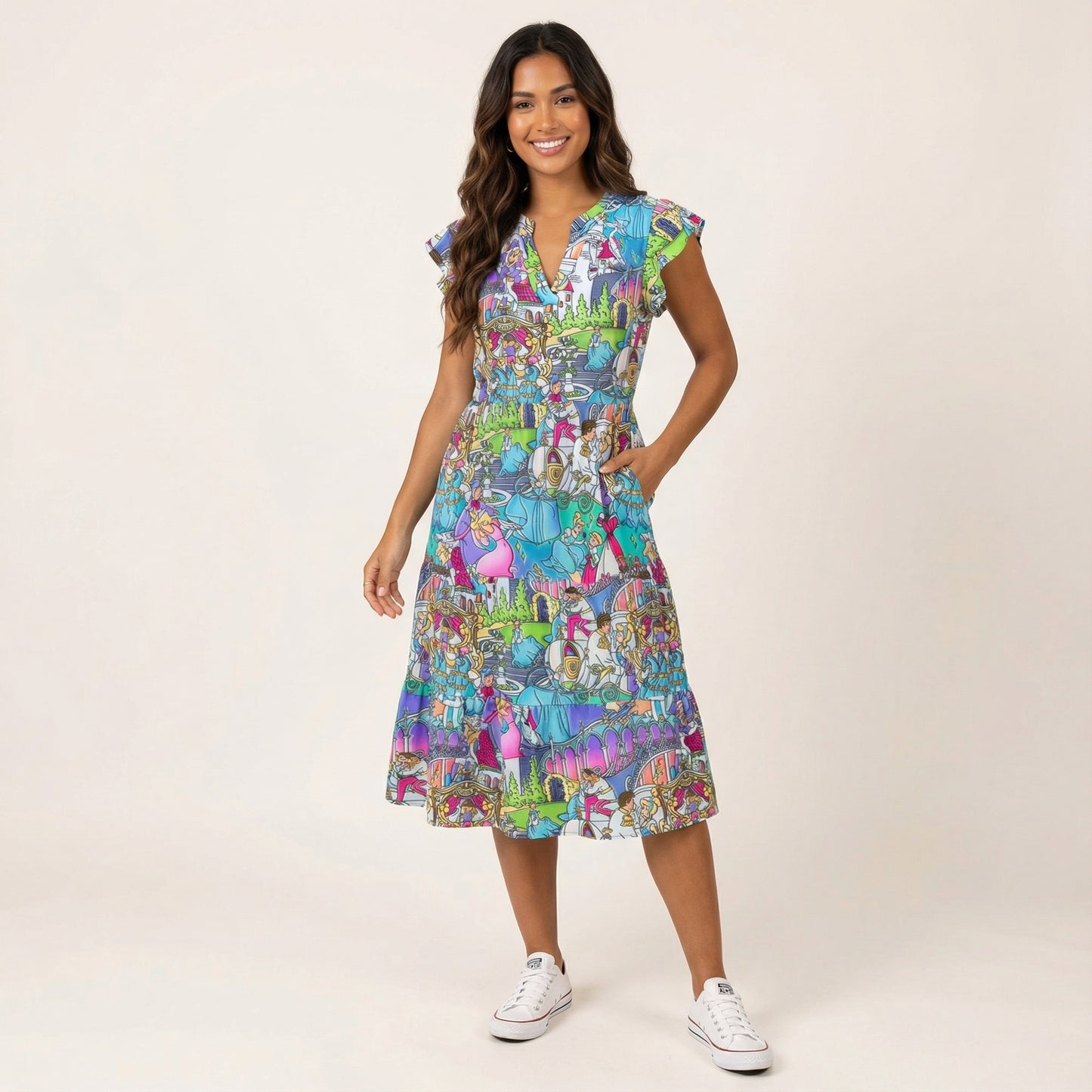 Glass Slipper Storybook Scenes - Women's Tiered Pocket Midi Dress