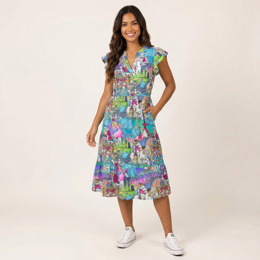 Glass Slipper Storybook Scenes - Women's Tiered Pocket Midi Dress