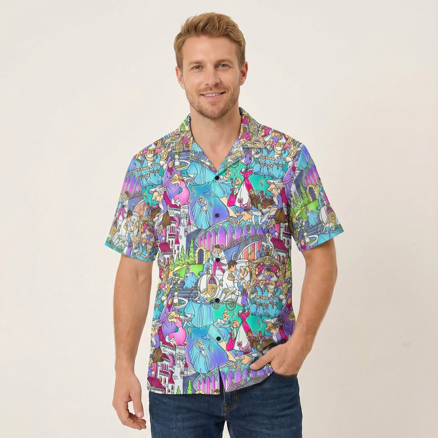 Glass Slipper Storybook Scenes - Men's Hawaiian Button Up Shirt