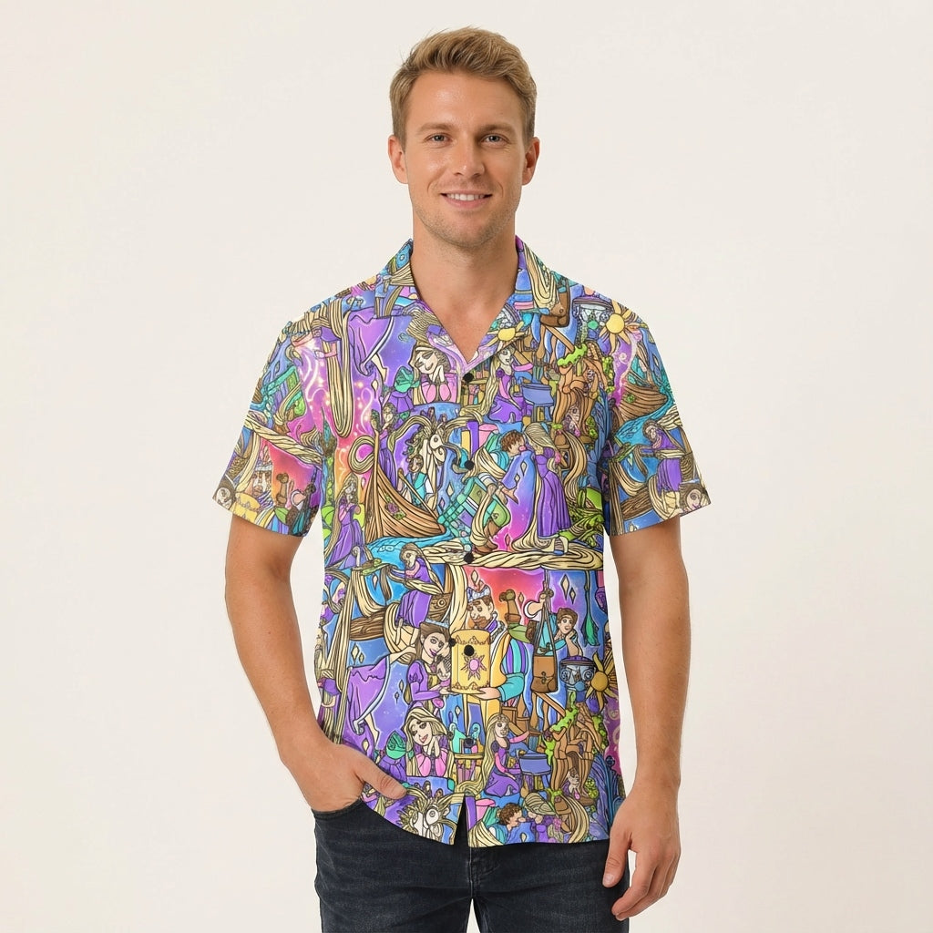 Golden Hair Storybook Scenes - Men's Hawaiian Button Up Shirt