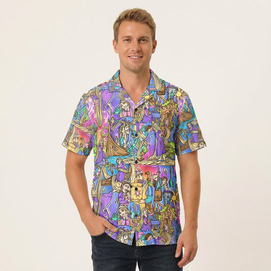 Golden Hair Storybook Scenes - Men's Hawaiian Button Up Shirt