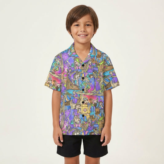 Golden Hair Storybook Scenes - Kid's Hawaiian Button Up Shirt