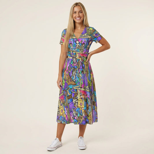 Golden Hair Storybook Scenes - Women's V-Neck Ruched Midi Dress