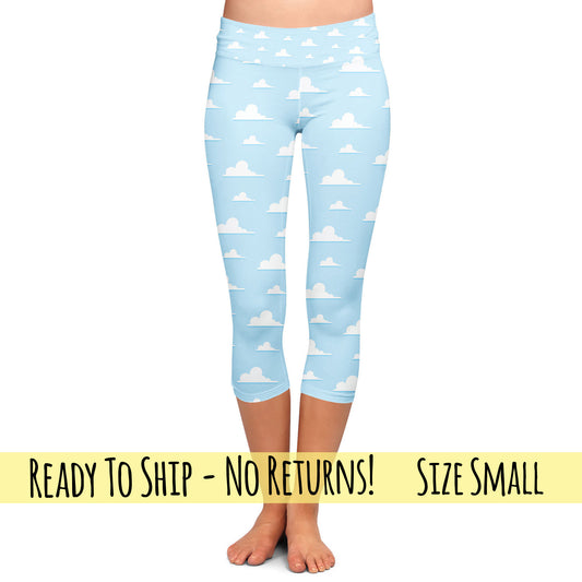 Yoga Waist Capri Leggings - Adult S / Girl's 10-12 - Pixar Clouds - READY TO SHIP