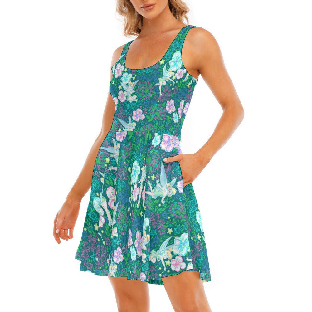 Pixie in Neon Blooms - Women's Sleeveless Pocket Skater Dress