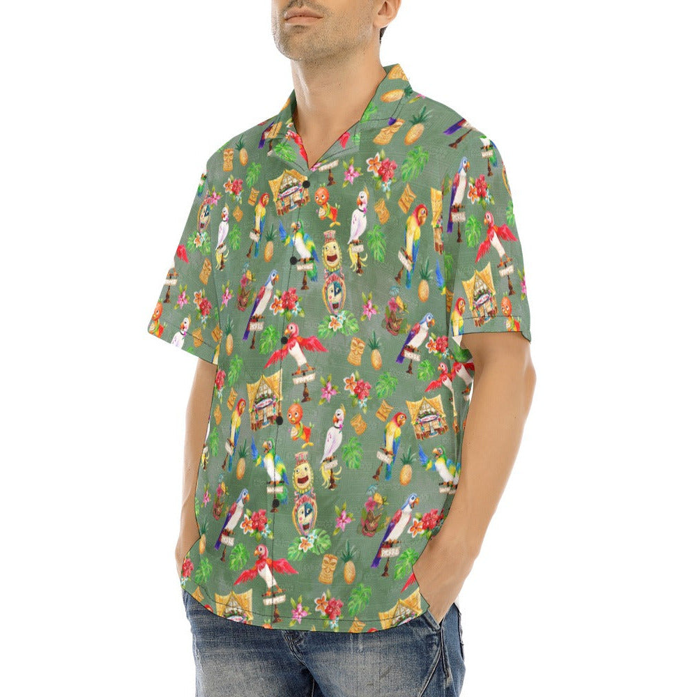Orange Bird & Tiki Friends - Men's Hawaiian Button Up Shirt