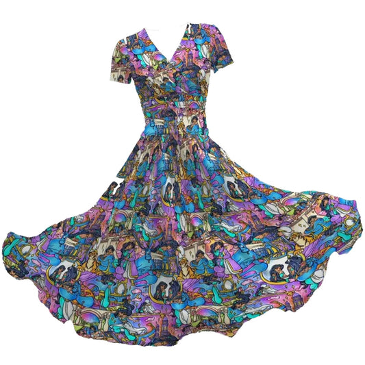 Magic Carpet Storybook Scenes - Women's V-Neck Ruched Midi Dress