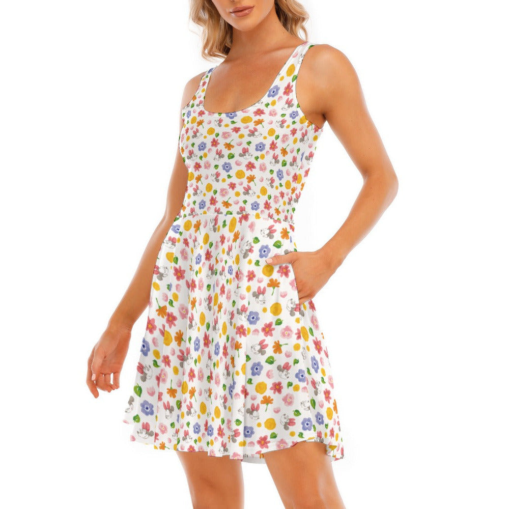 Floral Friends Springtime - Women's Sleeveless Pocket Skater Dress