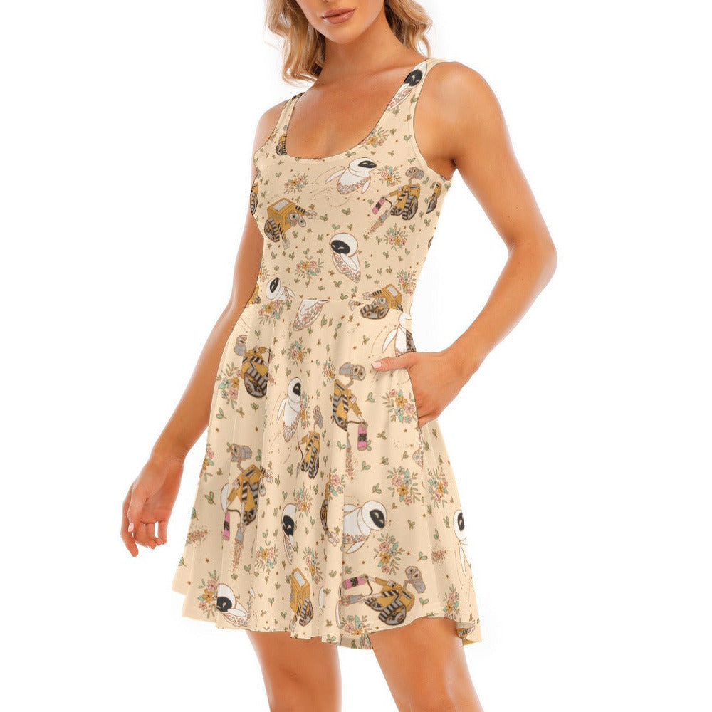 Botanical Robot Love Story - Women's Sleeveless Pocket Skater Dress
