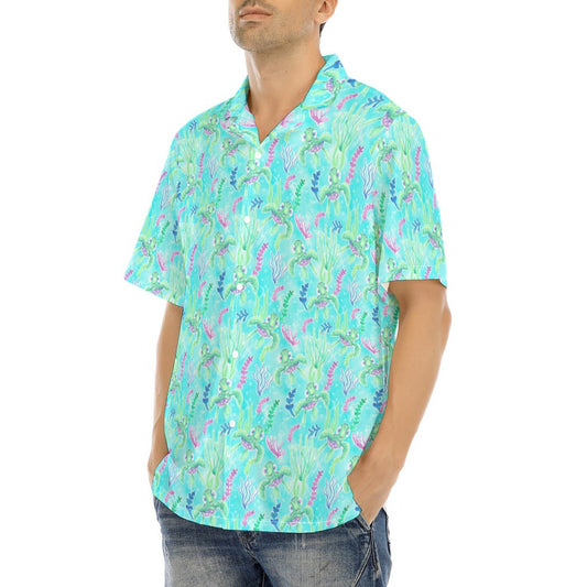 Neon Floral Baby Turtle - Men's Hawaiian Button Up Shirt