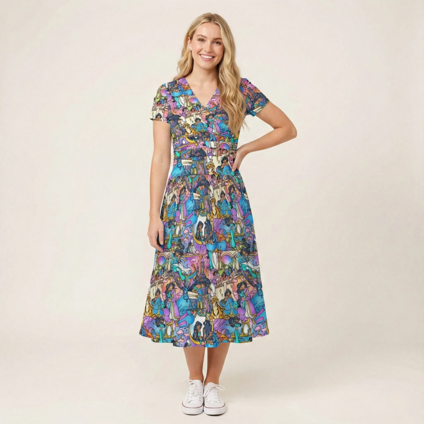 Magic Carpet Storybook Scenes - Women's V-Neck Ruched Midi Dress