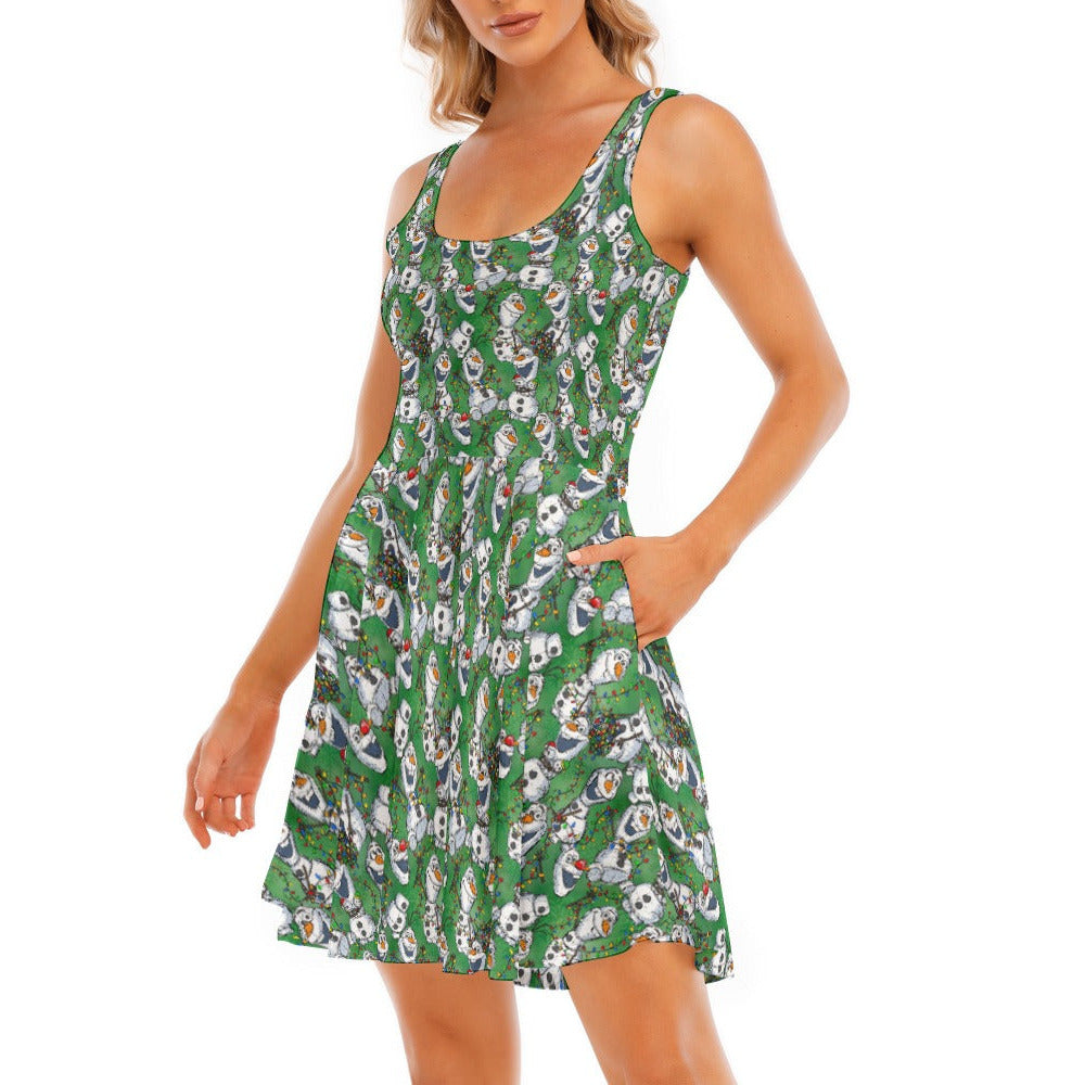 Sketched Snowman Christmas - Women's Sleeveless Pocket Skater Dress