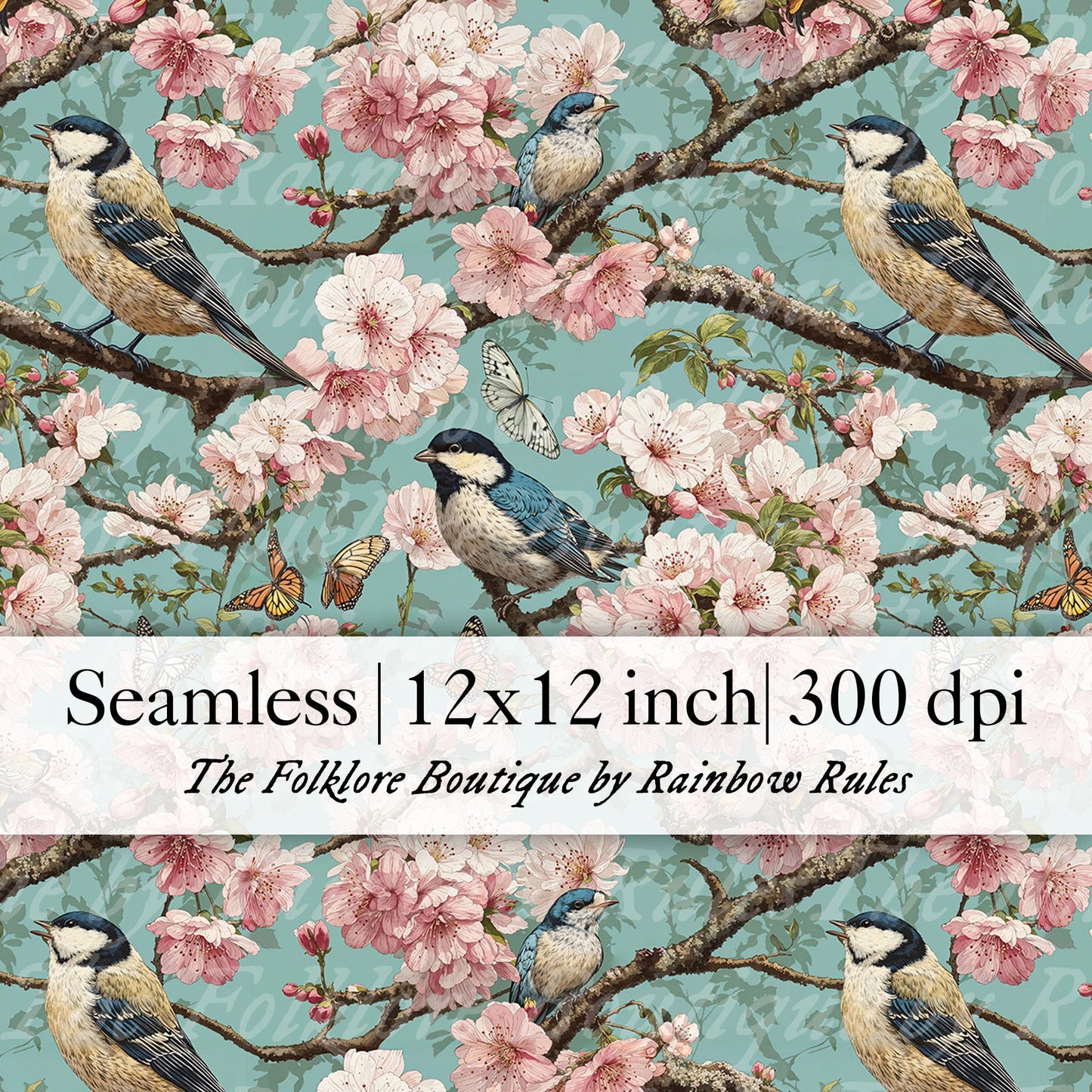 Spring Birds and Blossom Branches - Digital Seamless Pattern