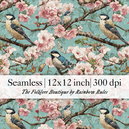 Spring Birds and Blossom Branches - Digital Seamless Pattern