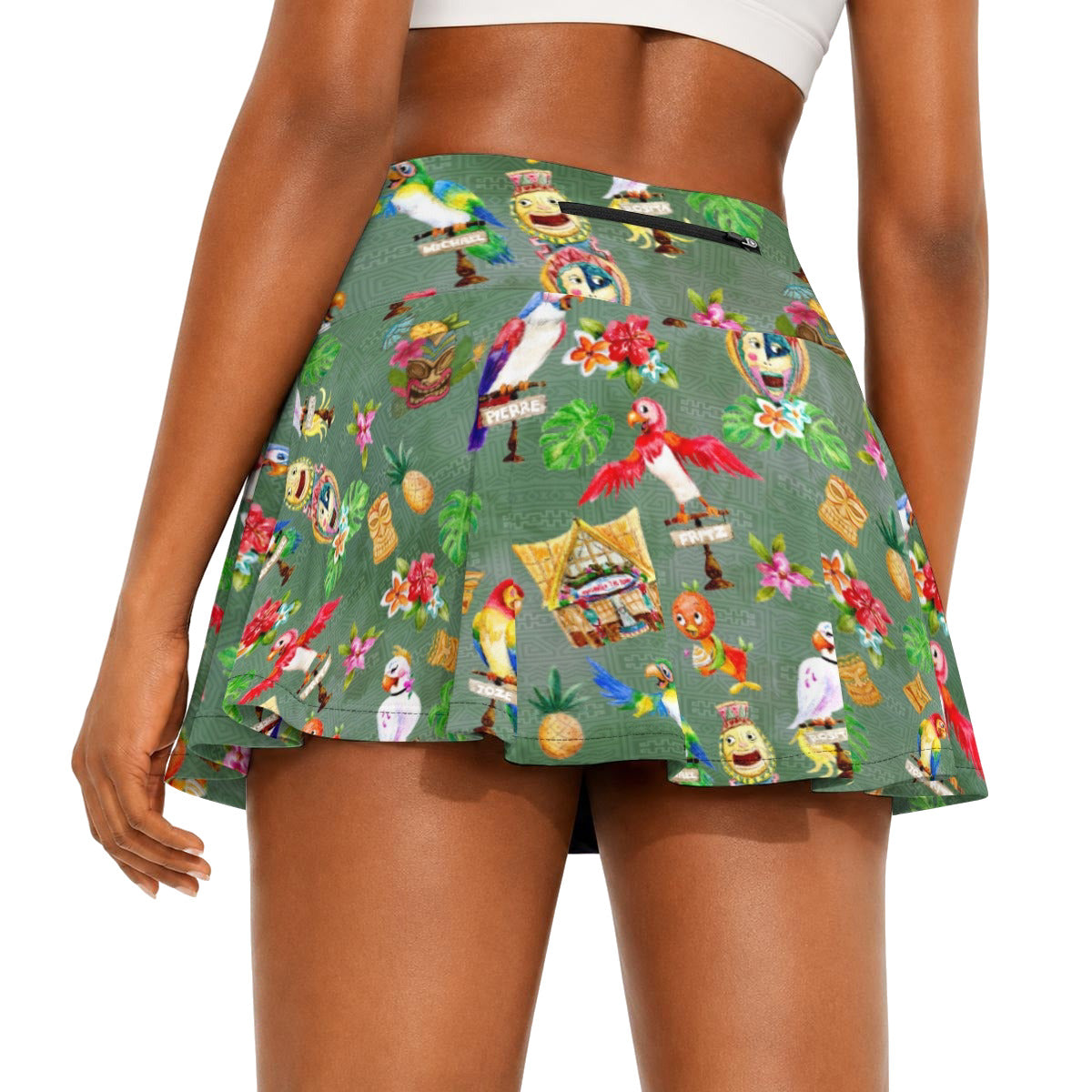 Orange Bird &amp; Tiki Friends - Women’s Athletic Skater Skort with Pockets