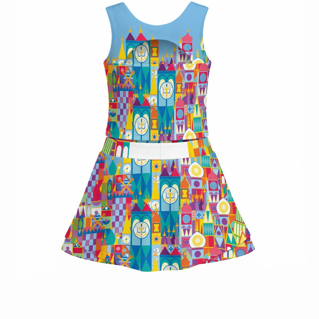 Whimsical World Facade - Women’s Athletic Skort Set with Open-Back Crop Top