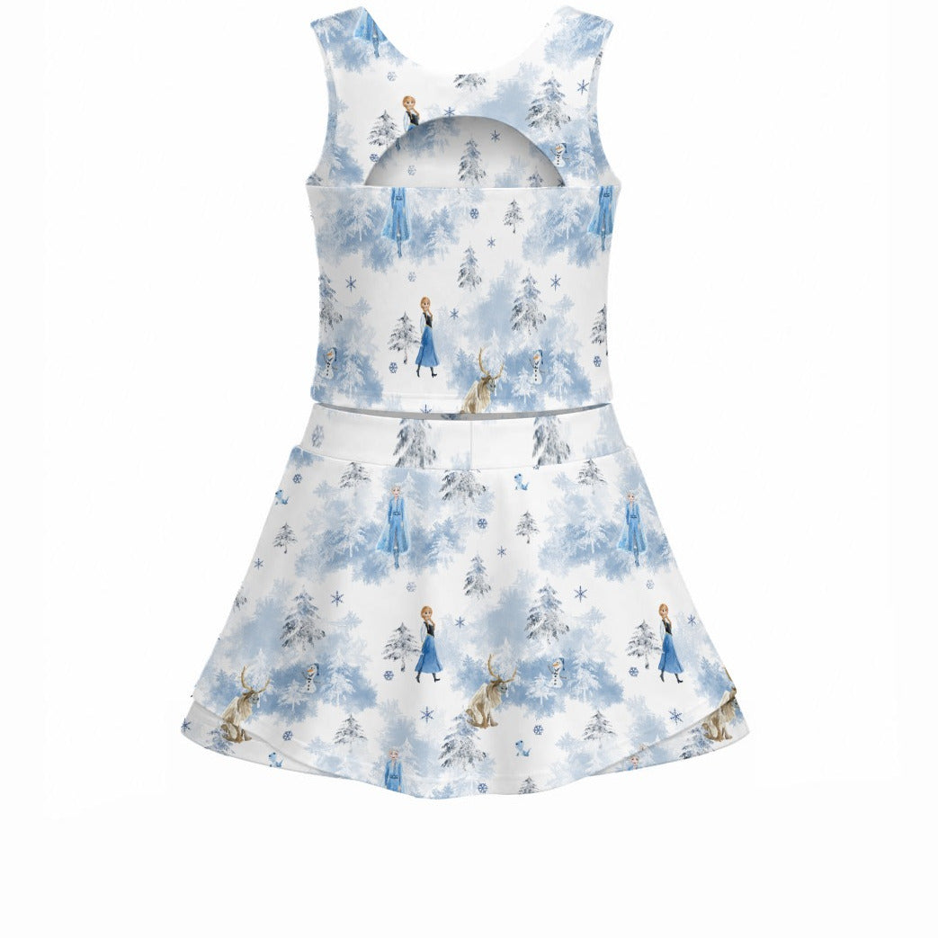 Enchanted Winter Landscape - Women’s Athletic Skort Set with Open-Back Crop Top
