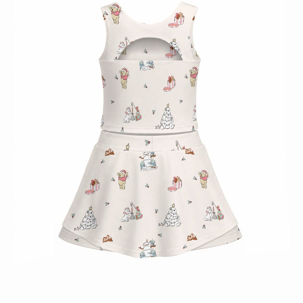 Storybook Christmas Cameo Mix - Women’s Athletic Skort Set with Open-Back Crop Top