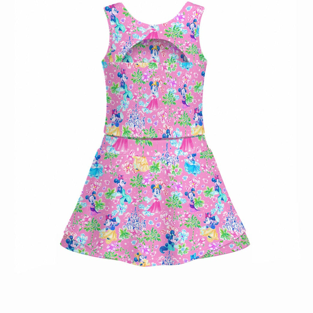 Princess Palm Party - Women’s Athletic Skort Set with Open-Back Crop Top
