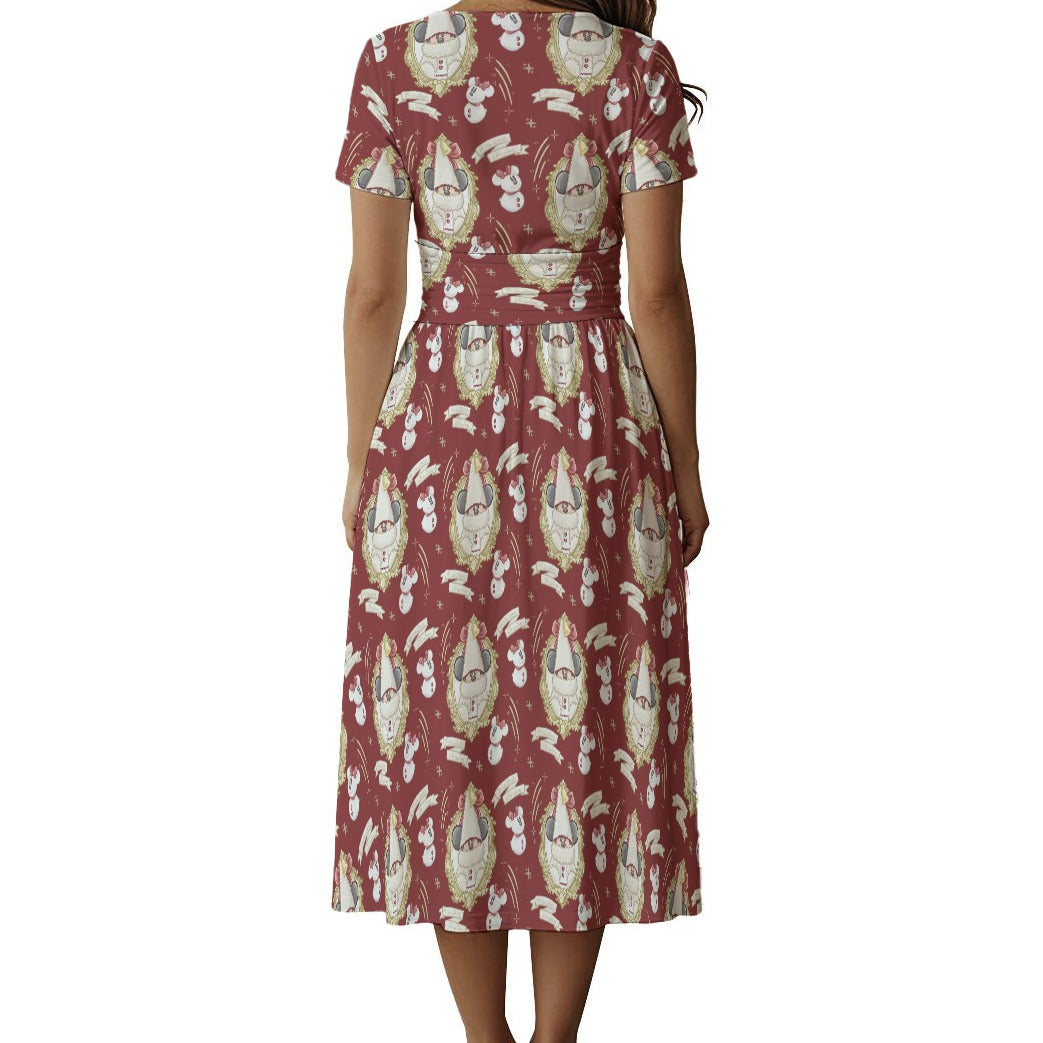 Mouse and Bow Snow Gnomes - Women's V-Neck Ruched Midi Dress