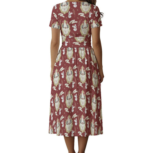 Mouse and Bow Snow Gnomes - Women's V-Neck Ruched Midi Dress
