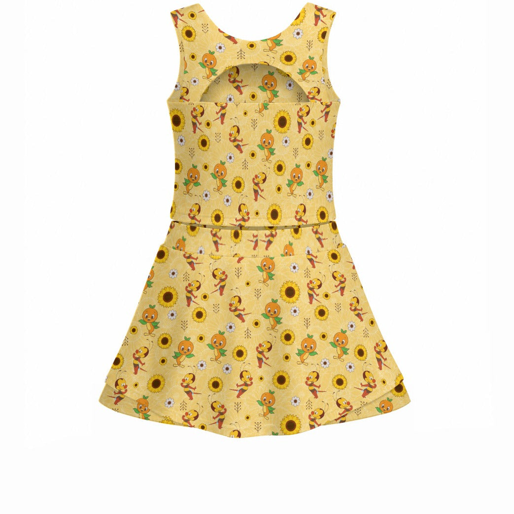 Cheerful Bee & Citrus Bird - Women’s Athletic Skort Set with Open-Back Crop Top