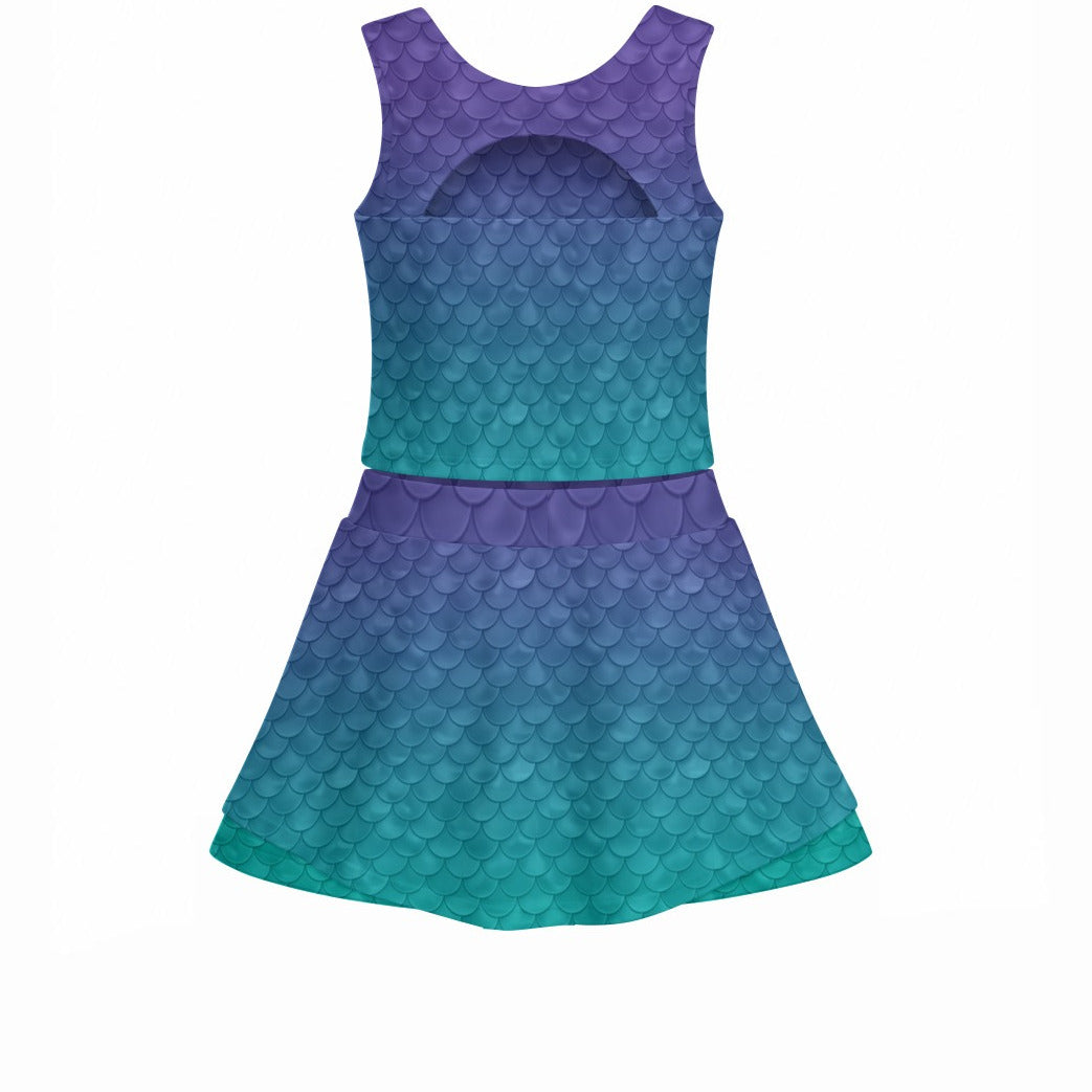 Dreamy Mermaid Scales - Women’s Athletic Skort Set with Open-Back Crop Top