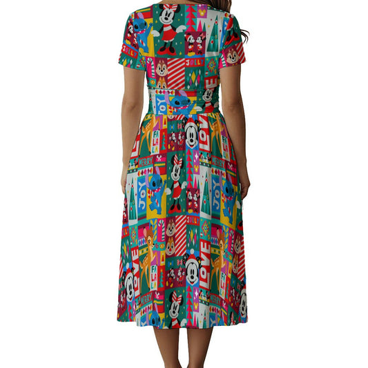 Mouse Christmas Colorblock - Women's V-Neck Ruched Midi Dress