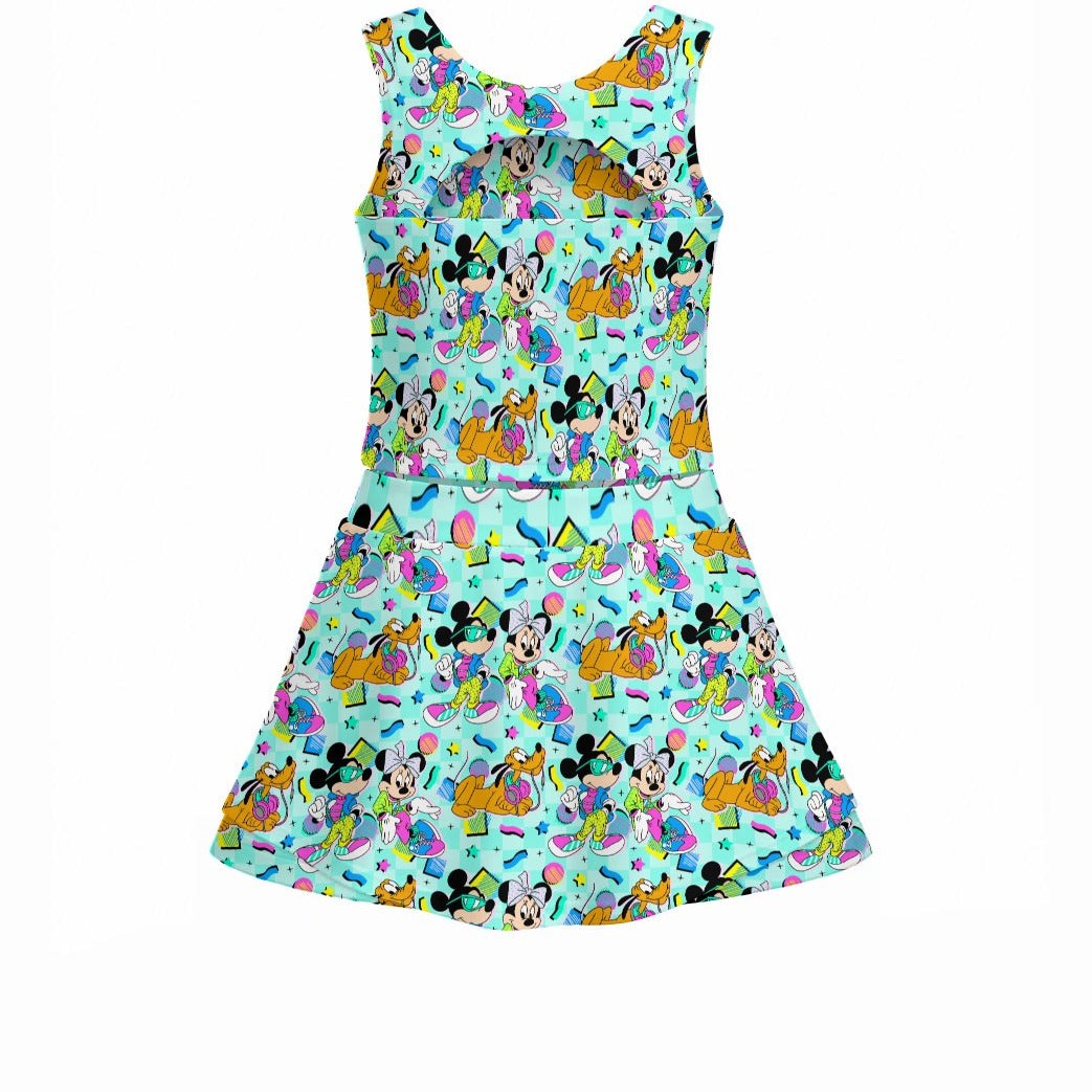 80s Pop Party Pals - Women’s Athletic Skort Set with Open-Back Crop Top