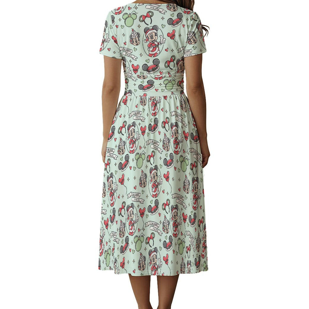 Mouse Pair Jolly Holiday - Women's V-Neck Ruched Midi Dress