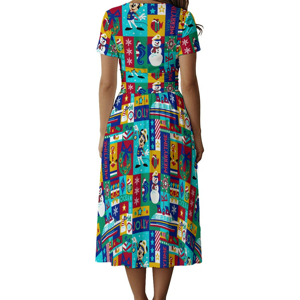Sailor's Merry-at-Sea Patchwork - Women's V-Neck Ruched Midi Dress