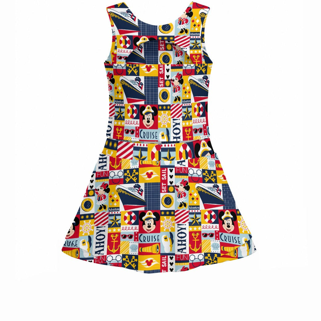 Nautical Cruise Patchwork - Women’s Athletic Skort Set with Open-Back Crop Top