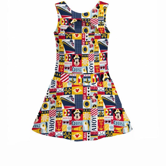Nautical Cruise Patchwork - Women’s Athletic Skort Set with Open-Back Crop Top
