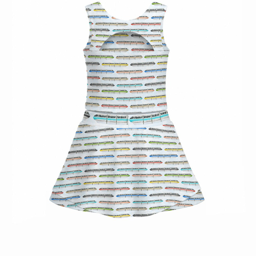Monorail Rainbow Express - Women’s Athletic Skort Set with Open-Back Crop Top