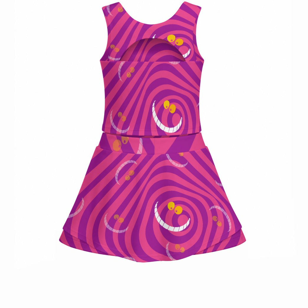 Whimsical Grinning Stripes - Women’s Athletic Skort Set with Open-Back Crop Top