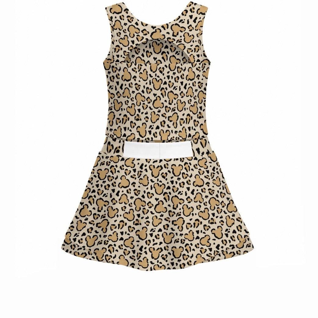 Mouse Ears Animal Print - Women’s Athletic Skort Set with Open-Back Crop Top