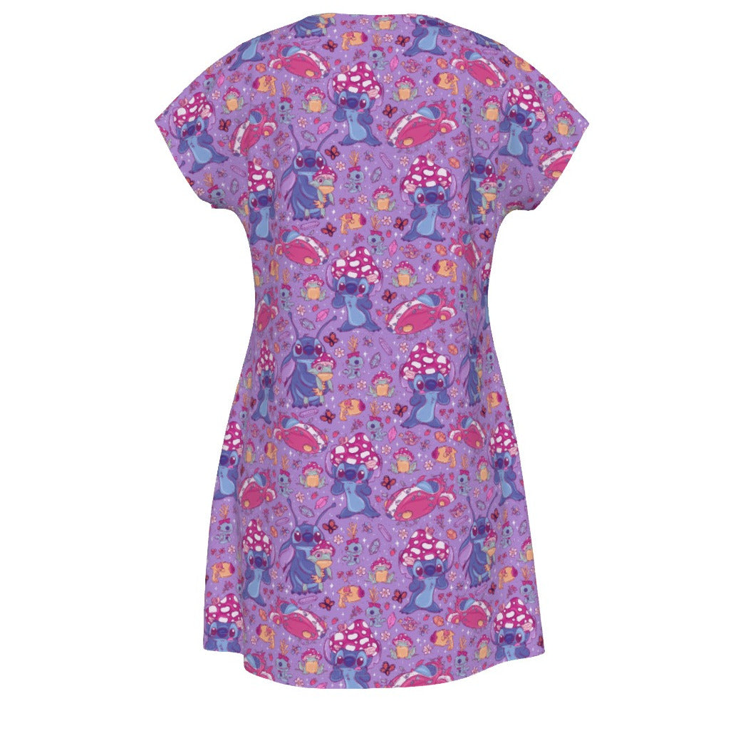 Blue Alien Mushroom Mischief - Women's T-Shirt Dress