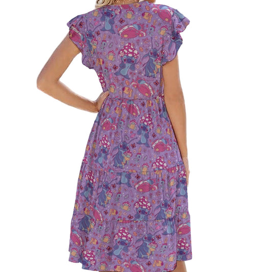 Blue Alien Mushroom Mischief - Women's Tiered Pocket Midi Dress