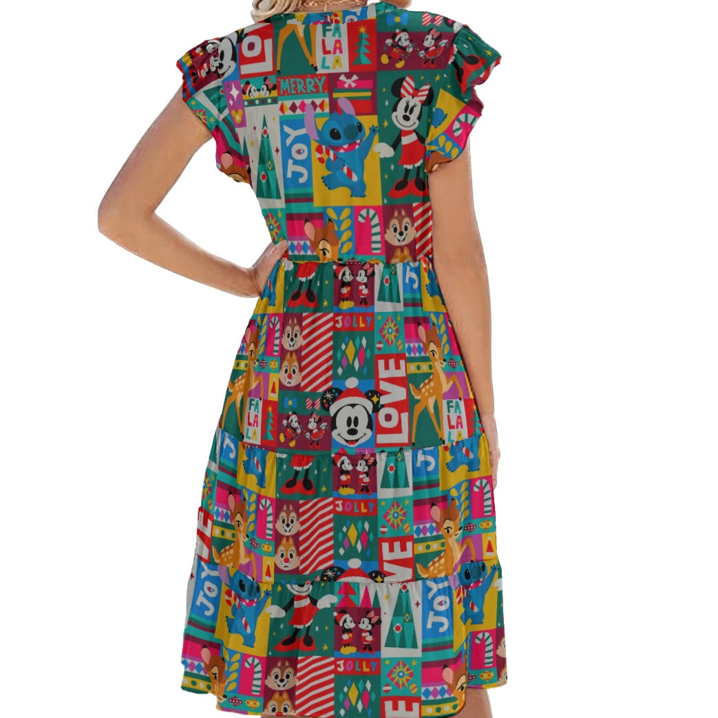 Mouse Christmas Colorblock - Women's Tiered Pocket Midi Dress