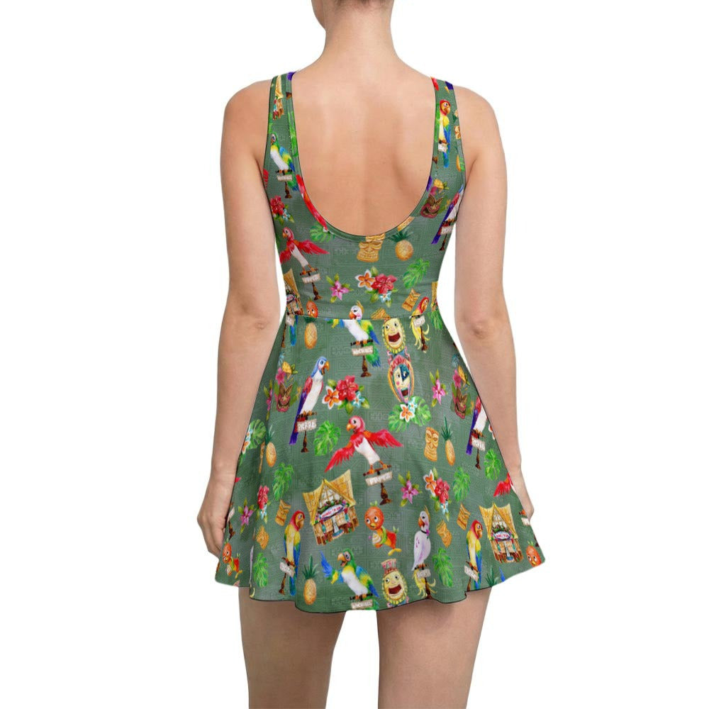 Orange Bird &amp; Tiki Friends - Women’s Sleeveless Athletic Skater Dress with Built-In Shorts