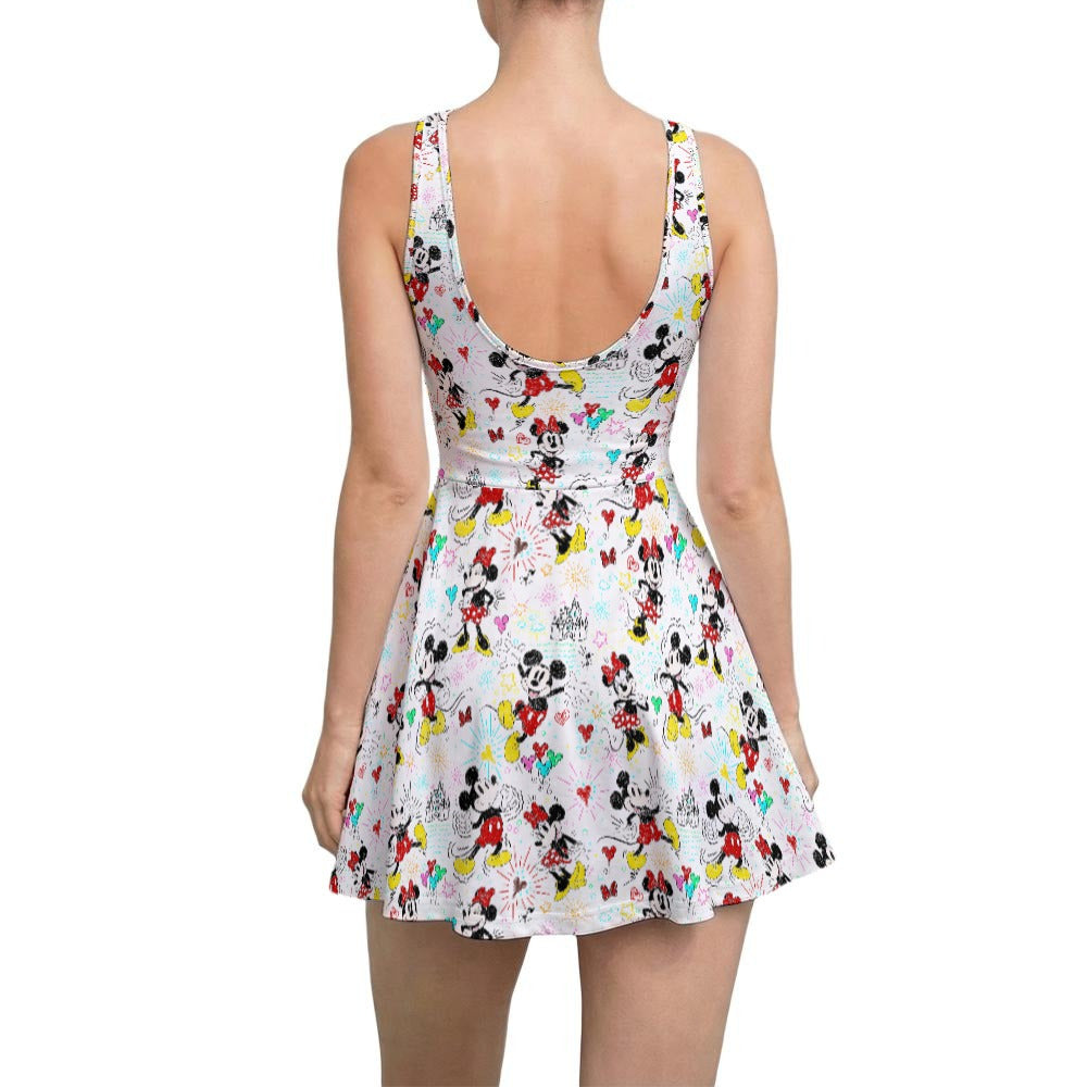 Doodle Mouse Magic - Women’s Sleeveless Athletic Skater Dress with Built-In Shorts